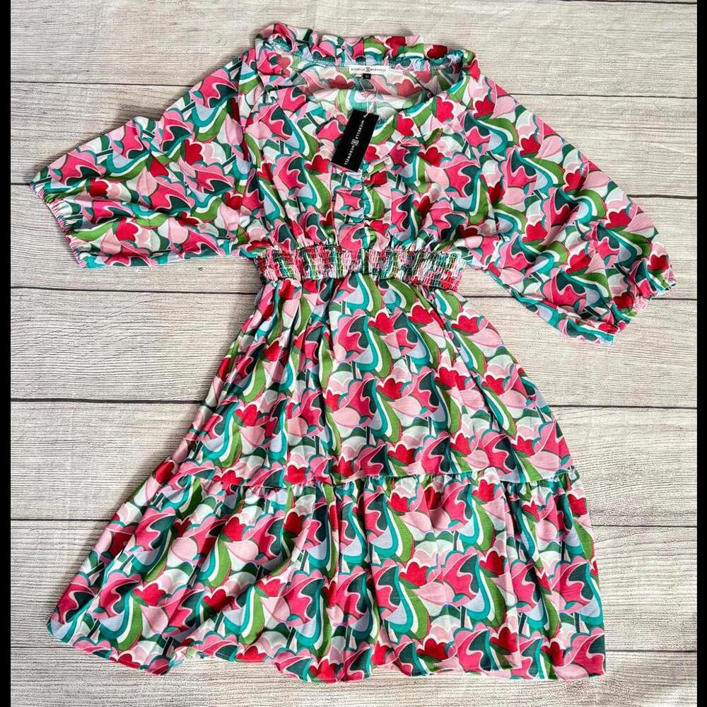 Smocked-Waist Floral Midi Dress in Pink & Green - Picture 1 of 2
